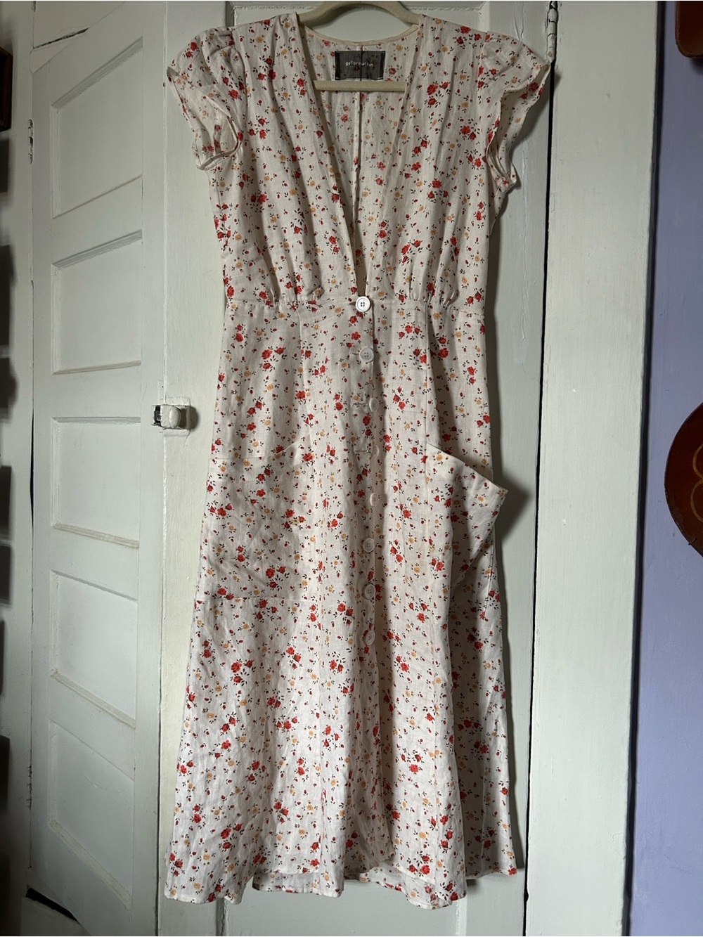 Reformation Linen Cream Floral Midi Dress Like New